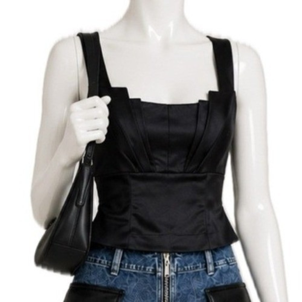 ALICE + OLIVIA Luxe Satin Corset Tank Top Black Structured Glam | Women's Sz S